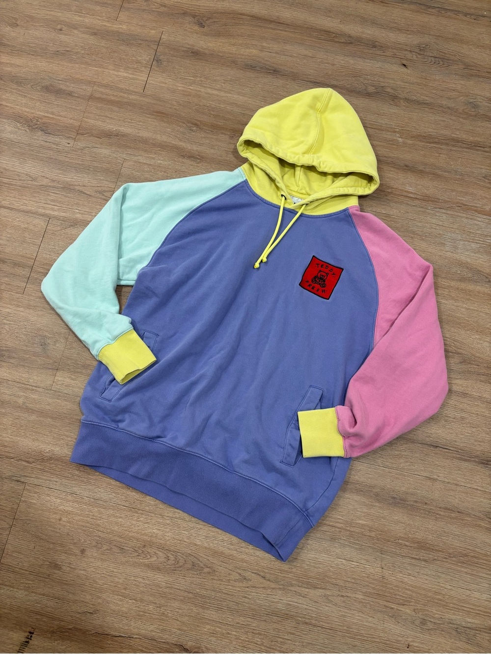 Teddy Fresh Pastel Colorblock Hoodie in Yellow, Blue, Pink & Mint